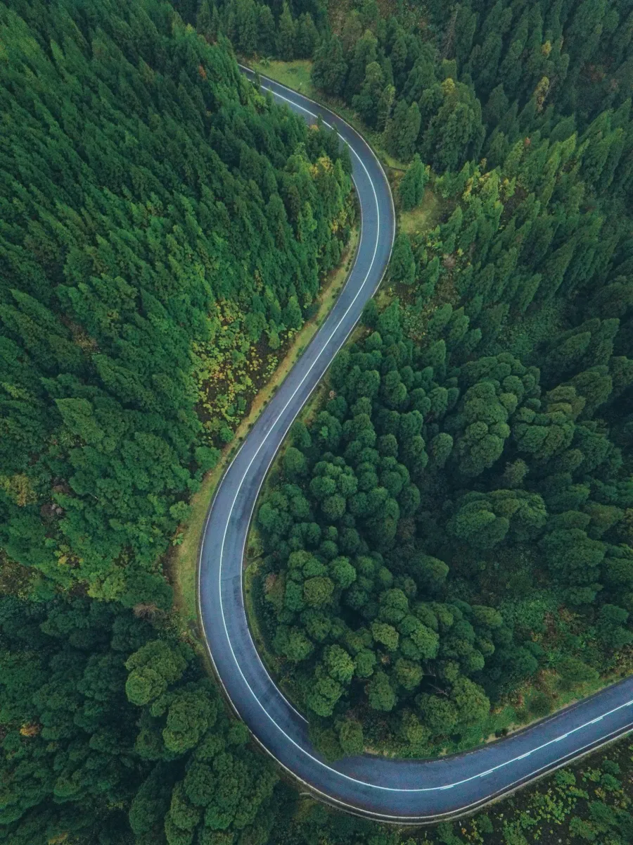 Aerial view of a winding mountain road surrounded by dense green forest