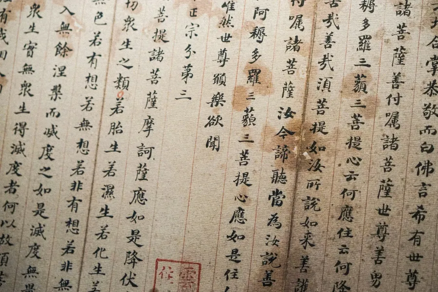 Close-up of traditional Chinese calligraphy on aged paper